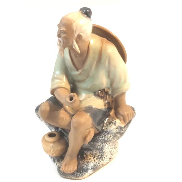 Vintage Chinese Shiwan Artistic Ceramic Mudman Fisherman Glazed Figurine 6" tall - Picture 11 of 11